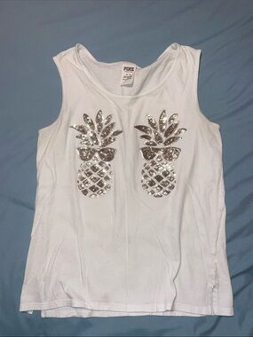 PINK Victoria's Secret White Tank Top with Gold Sequin Pineapples